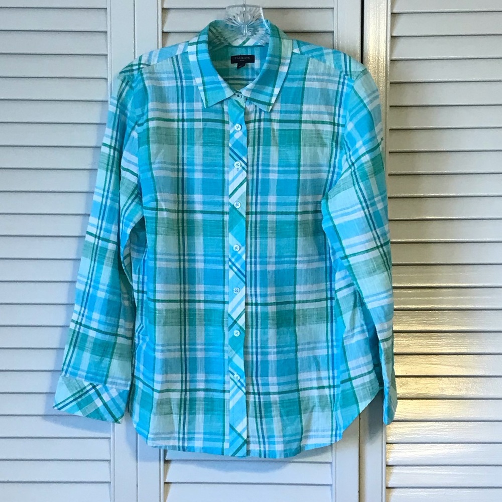 Talbots Blue and Green Plaid Blouse